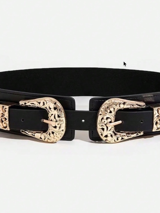 Western Vegan Leather Gold Tone Double Buckle Stretchy Wide Belt main image 6